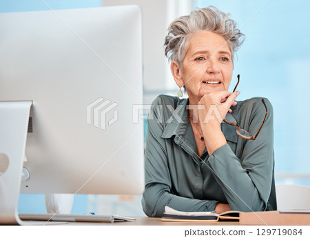 Seo, computer or senior woman in digital marketing thinking of strategy, innovation or solution at office desk. Ideas, our vision or mature thoughtful manager planning a development project proposal Seo, computer or senior woman in digital marketing thinking of strategy, innovation or solution at office desk. Ideas, our vision or mature thoughtful manager planning a development project proposal 129719084