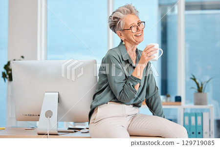 Office, coffee break and portrait of woman boss happy with business career success, company management and workspace. Relax corporate employee, coffee cup drink and computer for workplace inspiration Office, coffee break and portrait of woman boss happy with business career success, company management and workspace. Relax corporate employee, coffee cup drink and computer for workplace inspiration 129719085