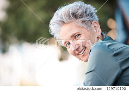 City, success and portrait of senior woman outdoors thinking of future, ideas and vision for corporate company. Leadership, motivation and face of elderly female entrepreneur sitting in urban town 129719100