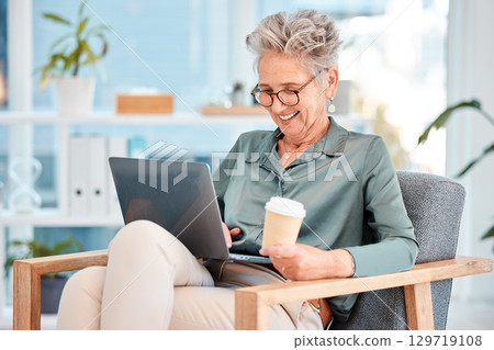 Coffee, laptop and happy business woman networking, reading or typing an email at lunch in office building. Smile, relaxing or senior manager laughing at funny comedy online on 5g internet on a break Coffee, laptop and happy business woman networking, reading or typing an email at lunch in office building. Smile, relaxing or senior manager laughing at funny comedy online on 5g internet on a break 129719108