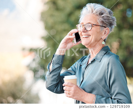 Phone call, coffee and business woman in the city, 5g contact and phone communication in New Zealand. Networking smile, mobile conversation and senior employee with tea drink and talking connection 129719109