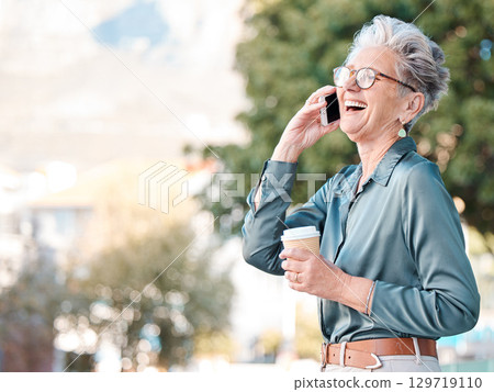 Business woman, city and phone call in street while talking, happy smile and in conversation on smartphone. Senior female, communication and happiness with communication, speaking or laugh in Austria Business woman, city and phone call in street while talking, happy smile and in conversation on smartphone. Senior female, communication and happiness with communication, speaking or laugh in Austria 129719110