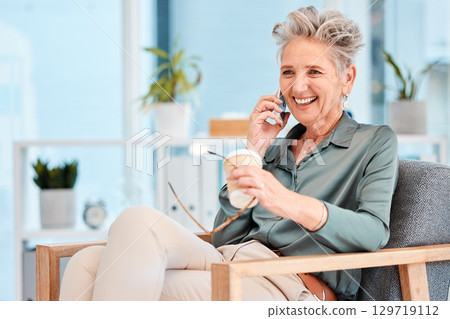 Woman, relax or senior manager on a phone call talking, communication or networking for a development project. Smile, ceo or old woman in conversation, discussion or speaking of success or our vision 129719112