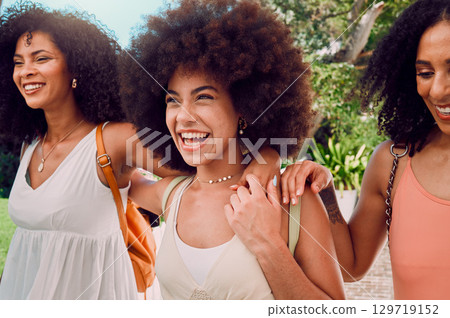 Friends face, beauty and happy smile on summer holiday and together in Miami, travel and laugh with funny conversation and bond outdoor. Women, fashion and support with community, relax and vacation 129719152