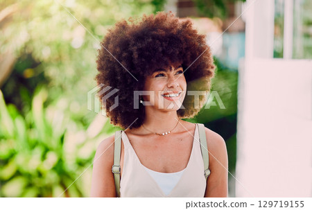 Black woman, girl and smile outdoor for wellness, break and enjoy holiday. Young female, lady and afro for confidence, happiness and relax in city, casual and trendy being stylish, edgy and chill. 129719155
