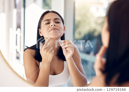Face, hair removal and woman chin with tweezers for beauty, skincare and dermatology for morning routine. Cosmetics treatment, facial health cleaning and hair wellness or hygiene grooming in mirror 129719166