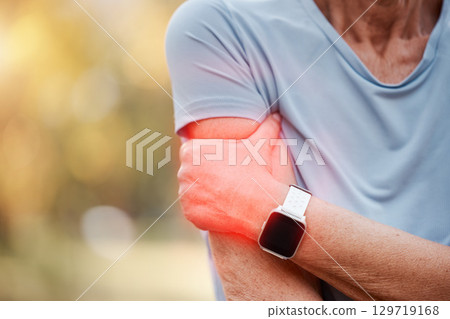 Man, fitness and arm pain outdoor for exercise workout, medical emergency or accident on cardio run. Runner, shoulder inflammation and athlete injury or orthopedic arthritis with bokeh background 129719168