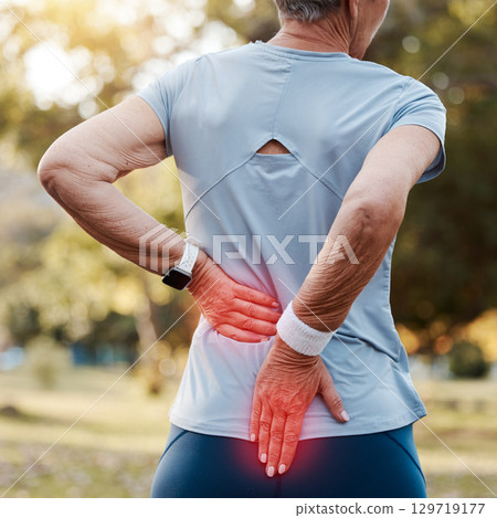 Senior woman with back pain, injury or accident while running at outdoor park for cardio workout. Nature, emergency and elderly female runner with spine inflammation, injured muscle or sprain joint. Senior woman with back pain, injury or accident while running at outdoor park for cardio workout. Nature, emergency and elderly female runner with spine inflammation, injured muscle or sprain joint. 129719177