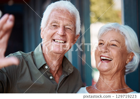 Old, couple and selfie with a retired man and woman laughing and having fun at home with joy. Photo, retirement and elderly husband and wife taking a picture together while in a bonding relationship Old, couple and selfie with a retired man and woman laughing and having fun at home with joy. Photo, retirement and elderly husband and wife taking a picture together while in a bonding relationship 129719223