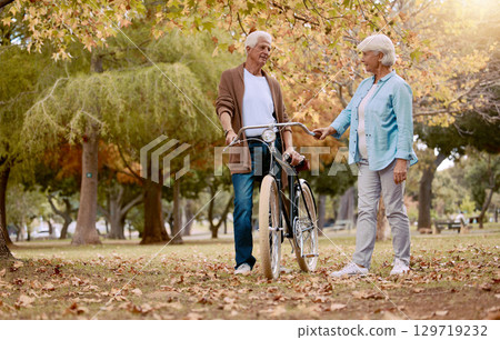 Senior couple, bonding or bicycle learning in countryside nature, public park or garden on love date, experience or opportunity. Retirement elderly, man or woman with bike for relax transport travel 129719232