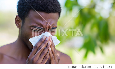 Black man blowing nose with tissue outdoors surrounded by greenery, health, allergy, or cold remedy. 129719234