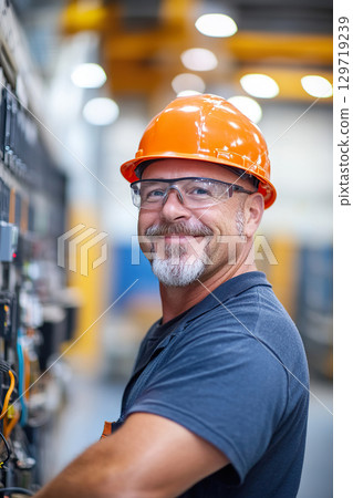 Electrician working with control panel, installing wiring outlets and electrical panels. 129719239
