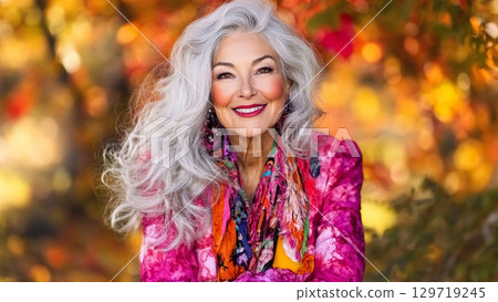 Elderly caucasian female smiling in colorful autumn foliage. 129719245