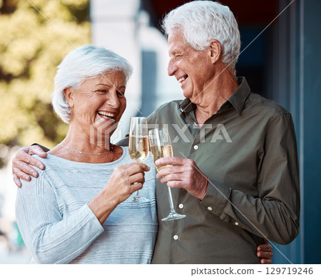 Senior couple, celebration and toast with champagne for anniversary, love and date outdoor with happy smile. Elderly man, woman and toast with alcohol drink, happiness and enjoy marriage relationship 129719246