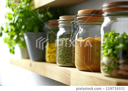 Jars of grains and herbs on wooden shelf in kitchen setting. 129719331