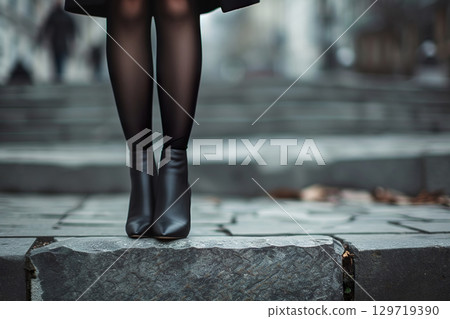Close up of female legs in black boots on stone steps. 129719390