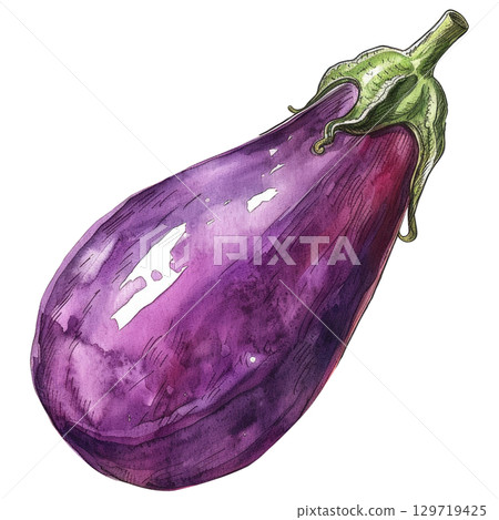 Hand-painted watercolor eggplant with velvety texture, isolated on white background. Perfect for Mediterranean cuisine branding or farm market designs 129719425