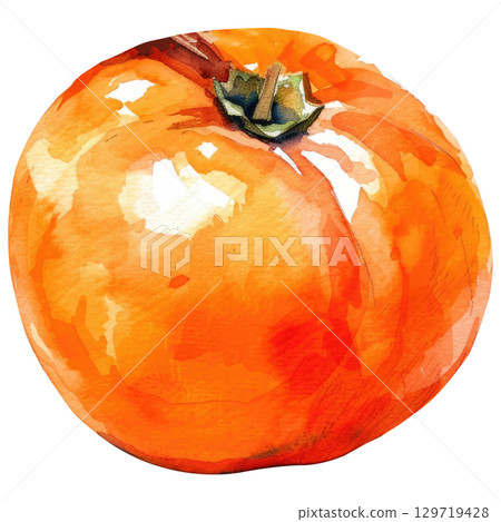 Hand-painted watercolor persimmon with vibrant orange hues, isolated on white background. Seasonal harvest artwork for jam labels or farm branding 129719428