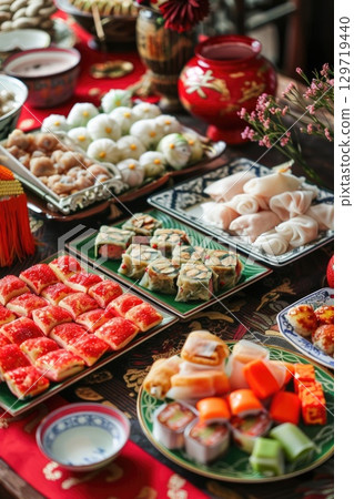 A vibrant display of traditional Taiwanese dishes for the Feast of Two Dozen. Colorful platters feature various dumplings, sweets, and snacks arranged on a festive table, Double Tenth Day 129719440