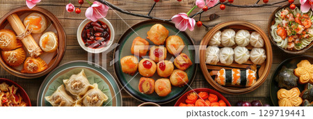A vibrant spread of traditional Taiwanese dishes for the Feast of Two Dozen. Includes dumplings, buns, and various colorful side dishes, garnished with flowers, Double Tenth Day 129719441