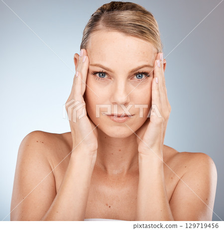 Skincare, woman and cosmetics for plastic surgery, natural beauty and organic facial on grey studio background. Portrait, female and girl with wellness and healthcare for smooth or clear skin. Skincare, woman and cosmetics for plastic surgery, natural beauty and organic facial on grey studio background. Portrait, female and girl with wellness and healthcare for smooth or clear skin. 129719456