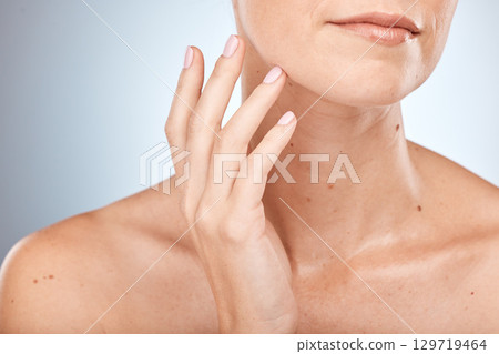 Beauty woman and manicure with skincare wellness for luxury cosmetic glow and self care treatment. Dermatology, aesthetic and natural nails on hand of body care model in gray studio gradient. 129719464