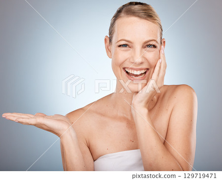 Beauty, skincare and cosmetics product mockup for face of woman for natural, healthy skin and dermatology treatment. Portrait of happy model, organic wellness and facial healthcare advertising space Beauty, skincare and cosmetics product mockup for face of woman for natural, healthy skin and dermatology treatment. Portrait of happy model, organic wellness and facial healthcare advertising space 129719471