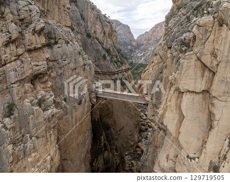 Caminito del Rey walking trail, Kings little pathway, Aerial Drone views of El Chorro Gorge, Ardales, Malaga, Spain. 129719505