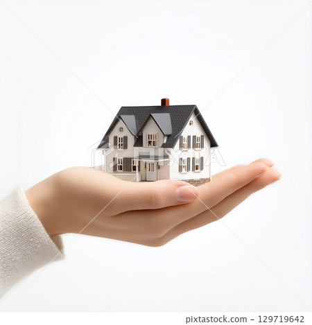 A woman's hand holding a model of a house. Image material for building a home 129719642