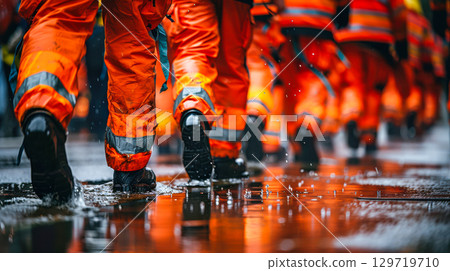 Workers in bright orange rain gear walking through puddles on a wet street during a rainy day 129719710