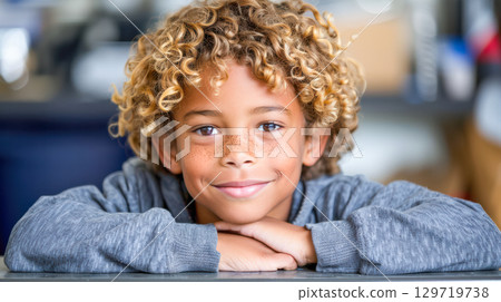 Young boy with curly hair smiling while resting his chin on hands in a bright, cheerful environment 129719738