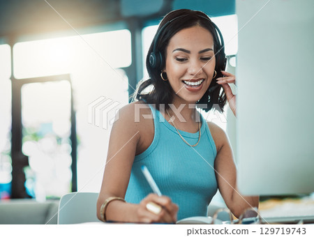 Call center agent, customer service and freelance sales entrepreneur with headset being friendly on video call while working from home. Smiling operator and happy consultant doing remote virtual work Call center agent, customer service and freelance sales entrepreneur with headset being friendly on video call while working from home. Smiling operator and happy consultant doing remote virtual work 129719743