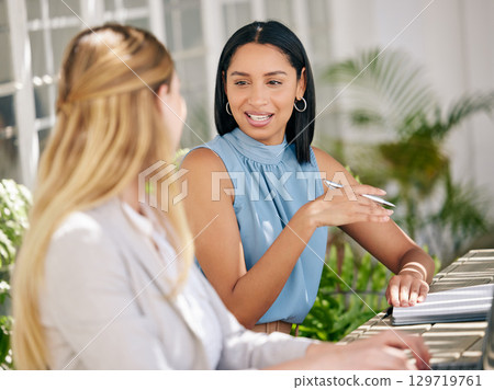 Business woman talking, speaking and planning with team collaboration in office startup. Employee, worker and young professional in meeting, discussion and conversation about strategy idea in agency 129719761