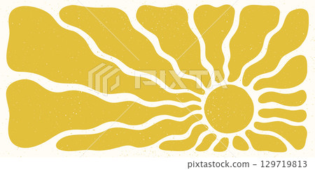 Yellow retro sun illustration with bold organic rays on a textured horizontal background. Sun art in abstract groovy style. Perfect for wall art, posters, prints, and summer decor Yellow retro sun illustration with bold organic rays on a textured horizontal background. Sun art in abstract groovy style. Perfect for wall art, posters, prints, and summer decor 129719813