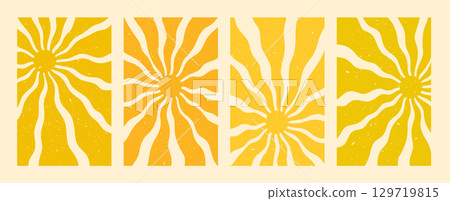 Sun pattern retro backgrounds in warm yellow and orange with groovy abstract wave rays. Vintage summer sunshine design with textured effect. Ideal for posters, prints, and wall decor Sun pattern retro backgrounds in warm yellow and orange with groovy abstract wave rays. Vintage summer sunshine design with textured effect. Ideal for posters, prints, and wall decor 129719815