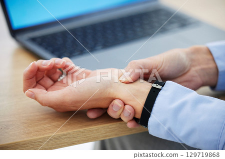 Woman hands check wrist pulse for blood pressure at desk as healthcare healing and compliance stress test for medical problem. Corporate sick person with high blood pressure.checking heartbeat Woman hands check wrist pulse for blood pressure at desk as healthcare healing and compliance stress test for medical problem. Corporate sick person with high blood pressure.checking heartbeat 129719868