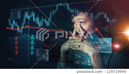 Stock market, cloud computing or woman with stress doing analysis on futuristic graphic hologram. Stress, mistake or financial stocks glitch on future trading overlay system with 5g network in office Stock market, cloud computing or woman with stress doing analysis on futuristic graphic hologram. Stress, mistake or financial stocks glitch on future trading overlay system with 5g network in office 129719949