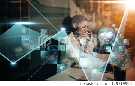 Black business woman, phone or cloud computing hologram for futuristic 5g UX technology, networking analytics or big data strategy. Network, iot or digital information for big data or stock market 129719996