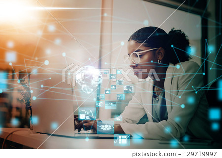 Business woman, AI and laptop with hologram, UX and networking for forex trading icon in office using virtual platform. Female using global technology for futuristic communication and innovation 129719997