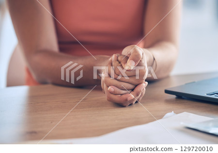 Anxiety, depression and hands of black woman with stress, abuse trauma or secret domestic violence at a counseling table. Sad, scared or depressed young girl in pain or fear from rape or sexual abuse 129720010