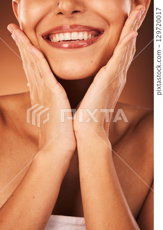 Lips, teeth and beauty woman in studio for cosmetics, makeup and dental or dentist promotion of wellness, skincare and health. Happy mouth, smile and teeth whitening results or lip filler of a model Lips, teeth and beauty woman in studio for cosmetics, makeup and dental or dentist promotion of wellness, skincare and health. Happy mouth, smile and teeth whitening results or lip filler of a model 129720017