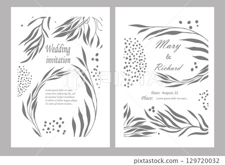 Beautiful wedding invitation card with branches and flowers. hand drawn. Not AI, Vector illustration Beautiful wedding invitation card with branches and flowers. hand drawn. Not AI, Vector illustration 129720032