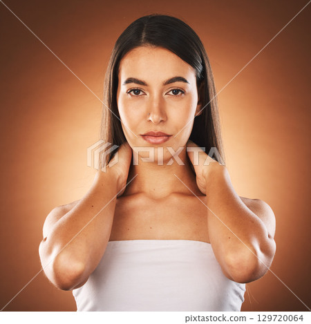 Beauty, skin and hair with face and woman in skincare, hair care and facial cosmetic portrait against orange studio background. Natural, cosmetics and glow with makeup shine and wellness mock up. 129720064