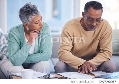Finance, insurance and senior couple with documents, planning tax and home budget with a laptop. Ecommerce, strategy and elderly man and woman banking during retirement online with pension savings 129720067