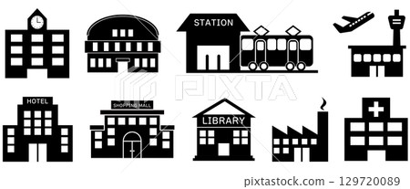 Building icon set of school, gymnasium, station, airport, hotel, shopping mall, library, factory, hospital 129720089