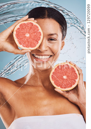 Beauty, water splash and grapefruit for skincare, black woman in portrait, natural vegan and healthy cosmetics for detox and skin. Fruit, vitamin c and water with splash for hydration and cosmetic. Beauty, water splash and grapefruit for skincare, black woman in portrait, natural vegan and healthy cosmetics for detox and skin. Fruit, vitamin c and water with splash for hydration and cosmetic. 129720099