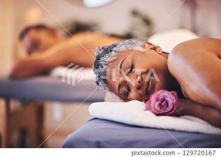 Relax, couple and massage at a spa for senior people on a table for wellness, zen and skincare treatment. Peace, luxury and senior woman happy with flower, aromatherapy and relaxation in Thailand Relax, couple and massage at a spa for senior people on a table for wellness, zen and skincare treatment. Peace, luxury and senior woman happy with flower, aromatherapy and relaxation in Thailand 129720167