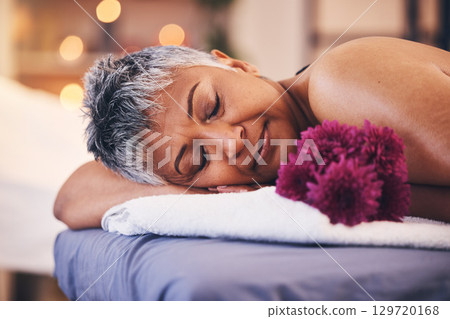 Senior, woman and sleeping face on massage bed for luxury, wellness and beauty treatment. Spa, relaxation and calm person resting at beauty salon for retirement body care pamper appointment. Senior, woman and sleeping face on massage bed for luxury, wellness and beauty treatment. Spa, relaxation and calm person resting at beauty salon for retirement body care pamper appointment. 129720168