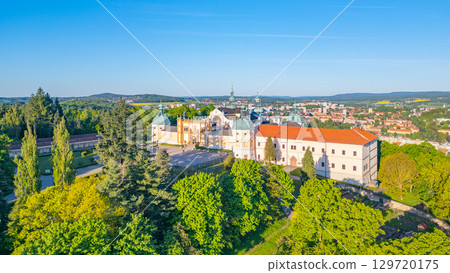 Holy Mountain in Pribram is a stunning Baroque complex located in Czechia. This site, renowned for pilgrimage, showcases beautiful architecture amidst serene nature and panoramic views. 129720175