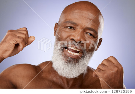 Dental flossing, teeth and senior black man marketing natural cleaning, wellness and health on purple background in studio. Tooth care, oral hygiene and portrait of elderly model advertising product 129720199